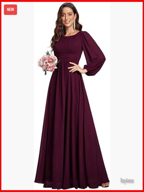 Dresses & Skirts - Floor Length Formal Dress Long Sleeve Chiffon A-Line Pleated Evening Gown